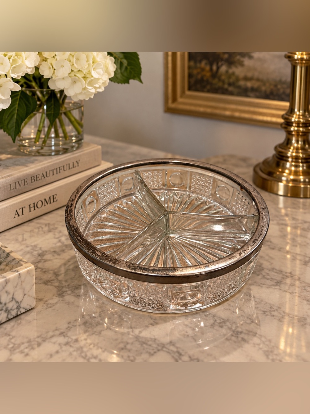 Vintage Glass Divided Serving Dish with Silver Rim - Clear